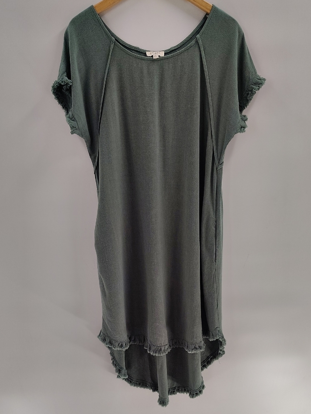 Umgee Dress Size Small Oversized Green Fringe Hem & Sleeves Linen Cotton Blend